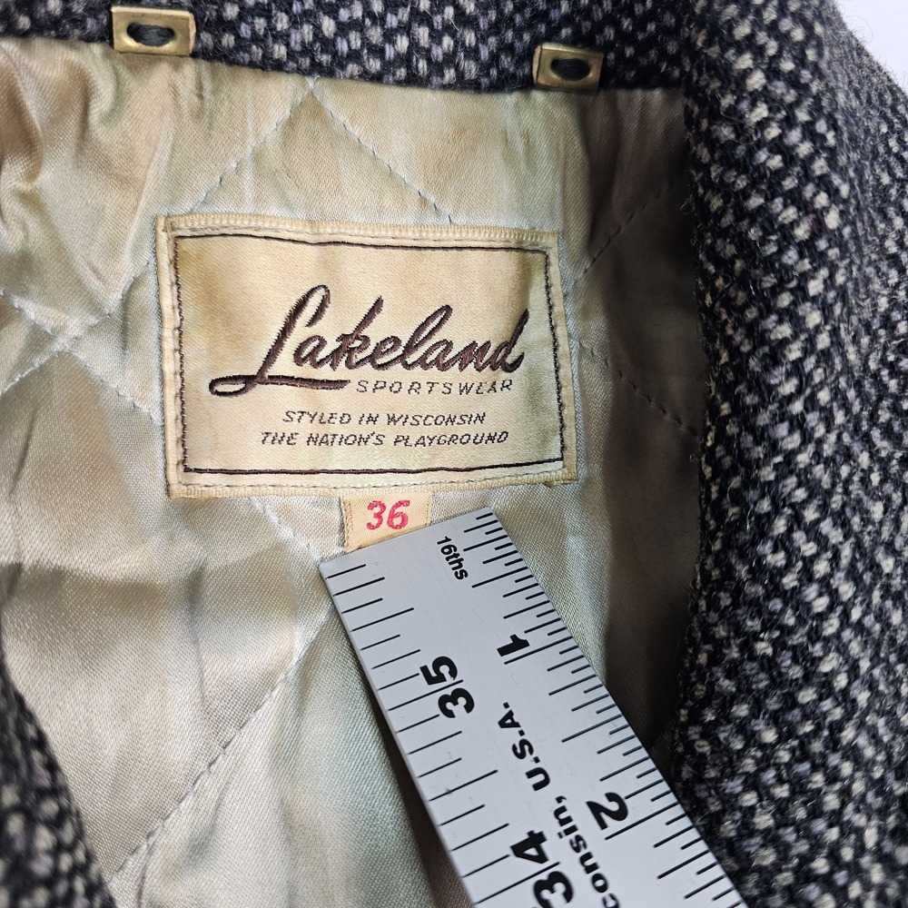 Vtg 80's Lakeland Sportswear Coat Mens 36 Tweed Wool Car Coat Liner Black Gray - Picture 4 of 16